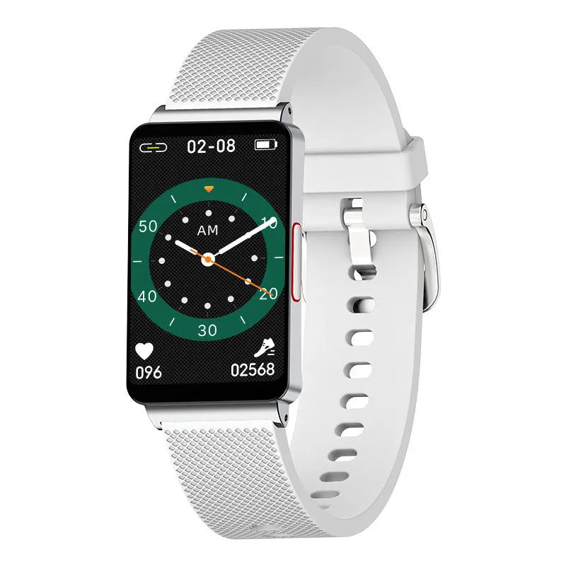 Blood glucose smart bracelet with touchscreen on a wrist, showing black, gold, and silver colour options.