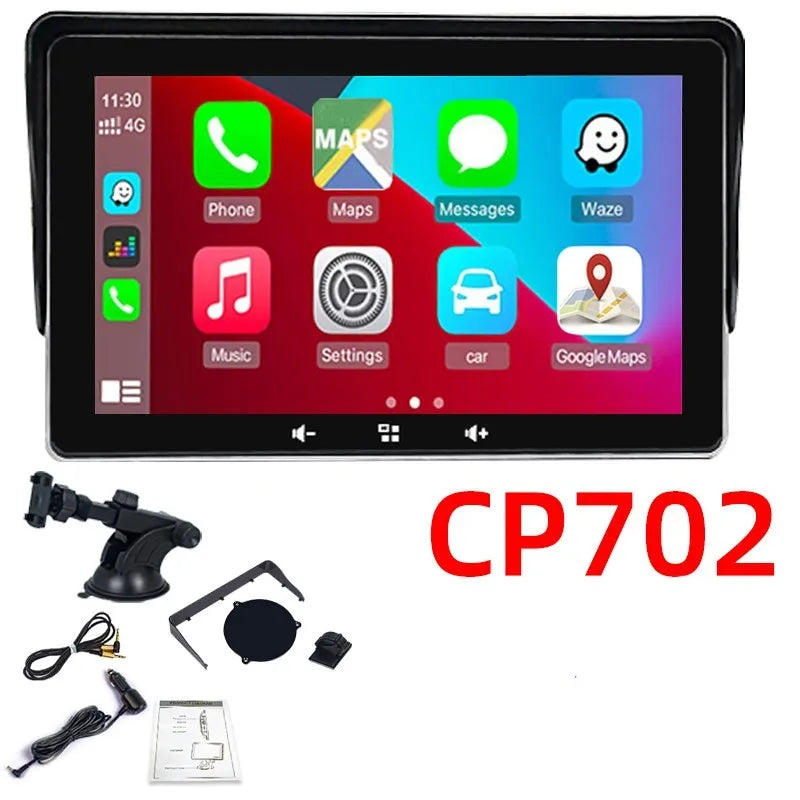 7-inch wireless CarPlay display with suction cup mount and cigarette lighter power cable