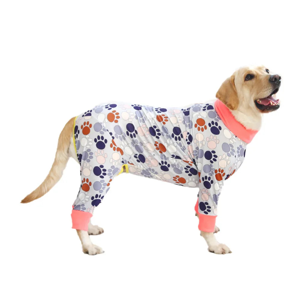 Cotton four-legged dog jumpsuit with colourful print pattern on small dog