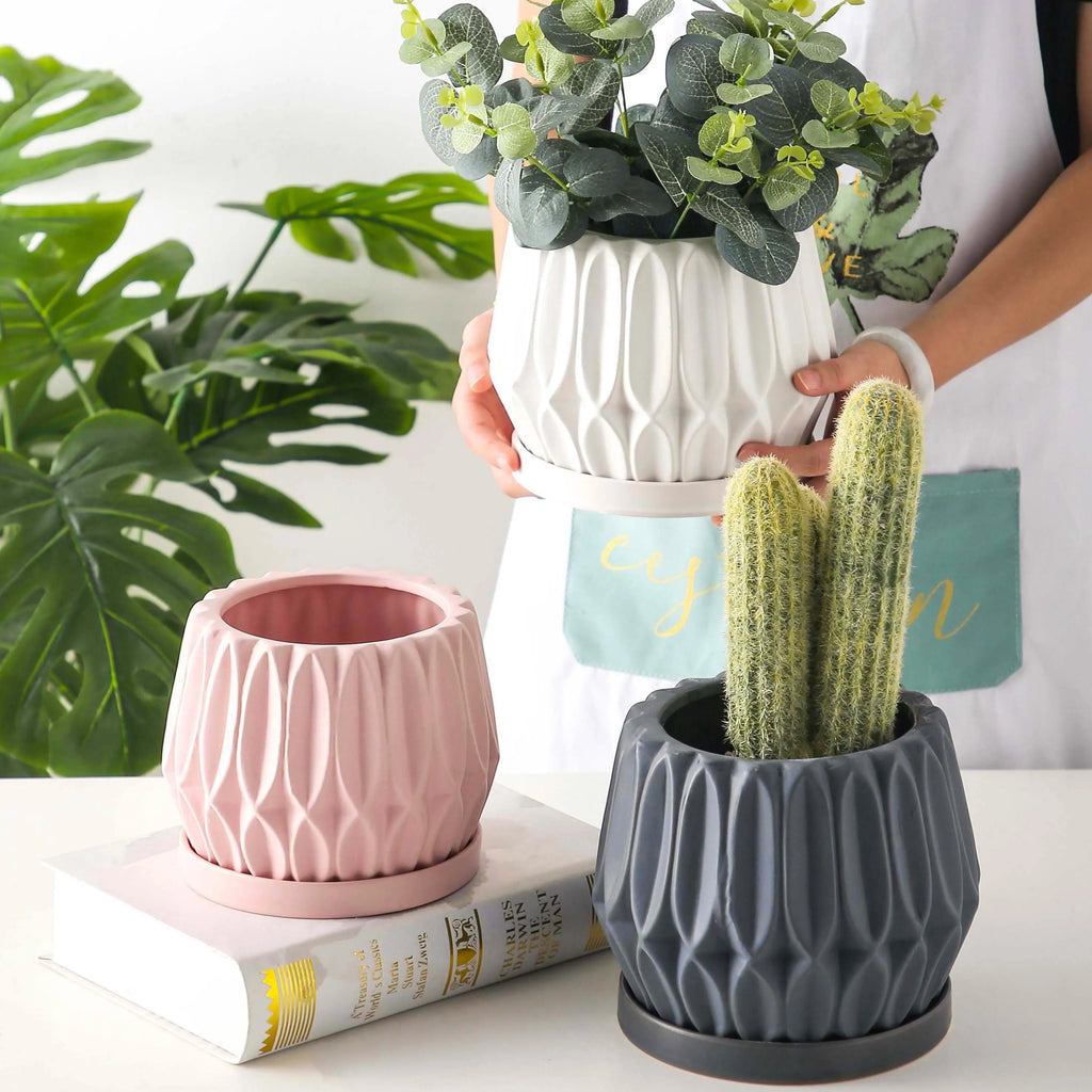 Grey ceramic medium-sized tabletop flowerpot for desktop or floor plants