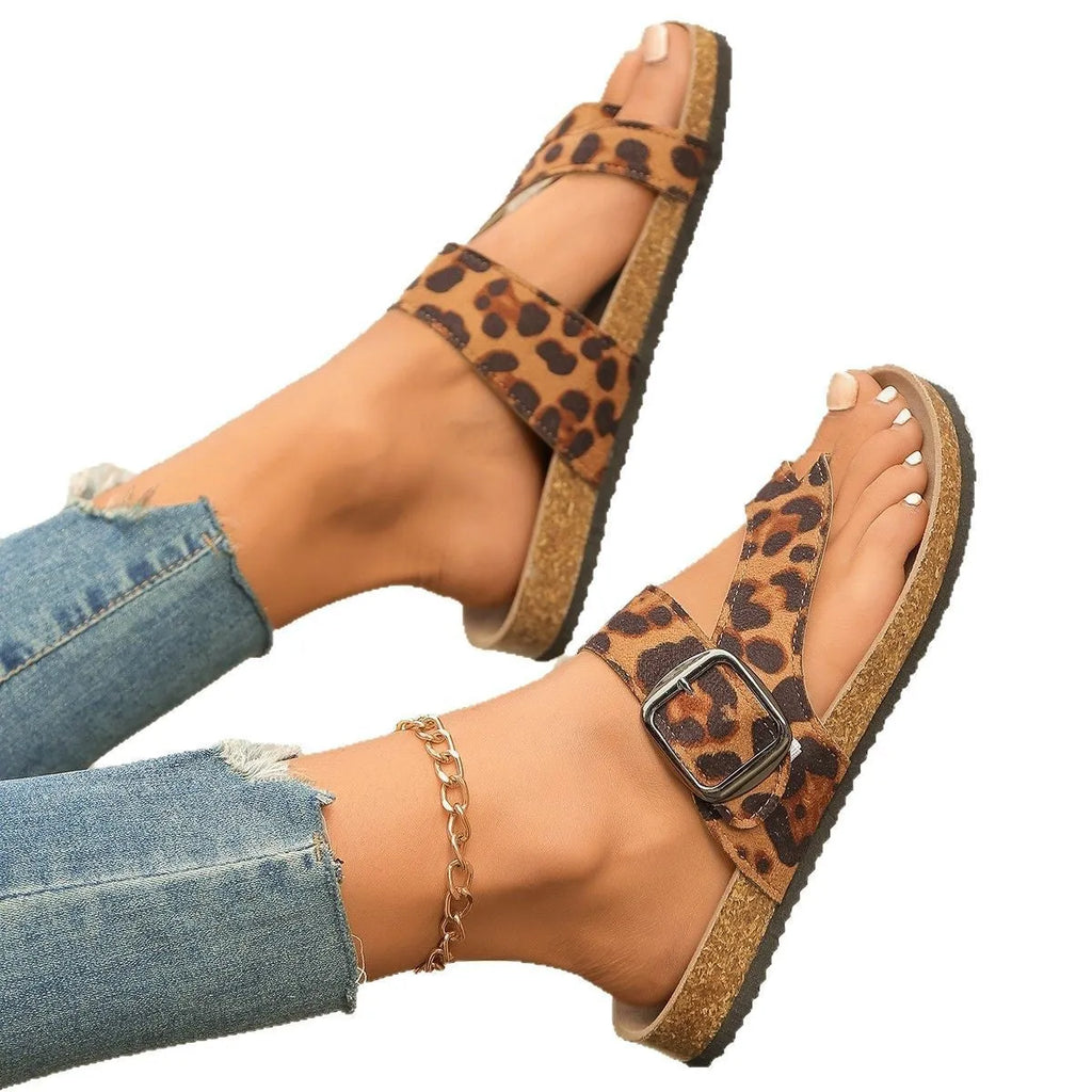 Women's leopard print Roman style slippers with round toe and wooden sole