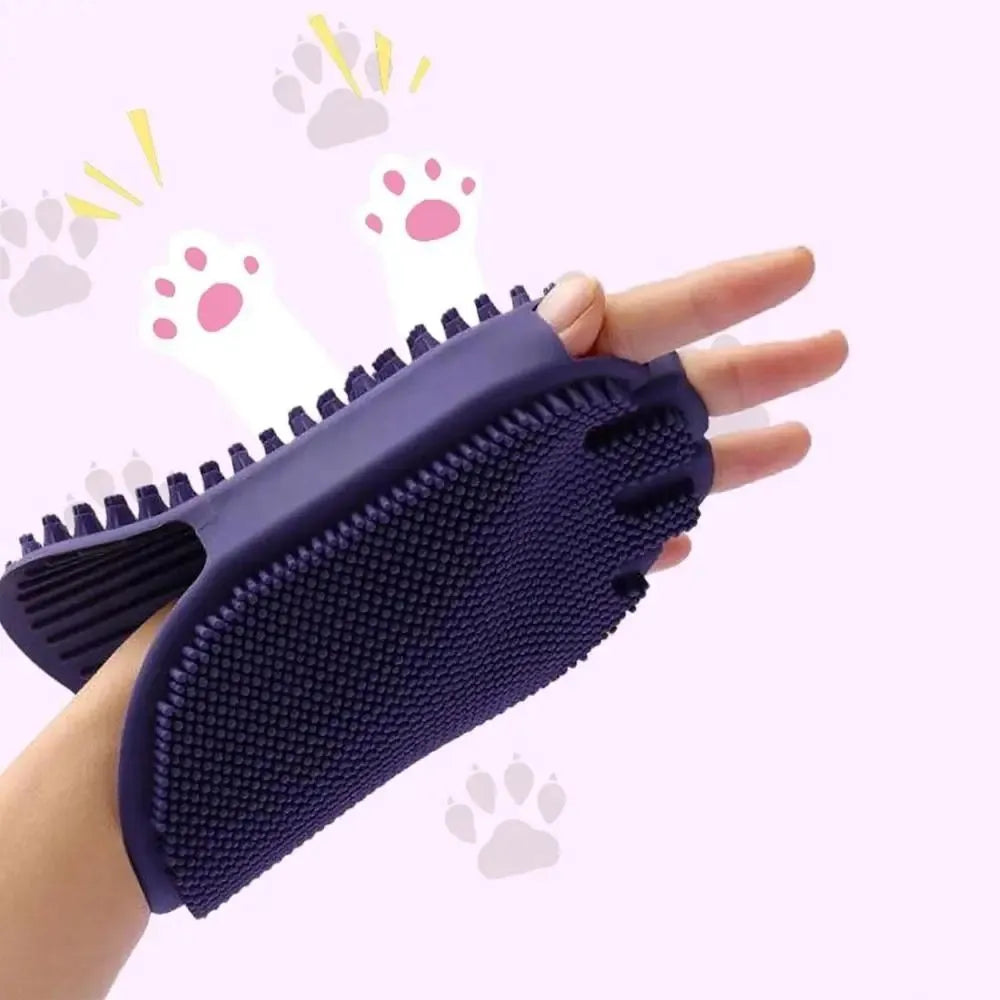 Purple dual-sided pet shampoo massage brush with soft TPR bristles and ergonomic handle