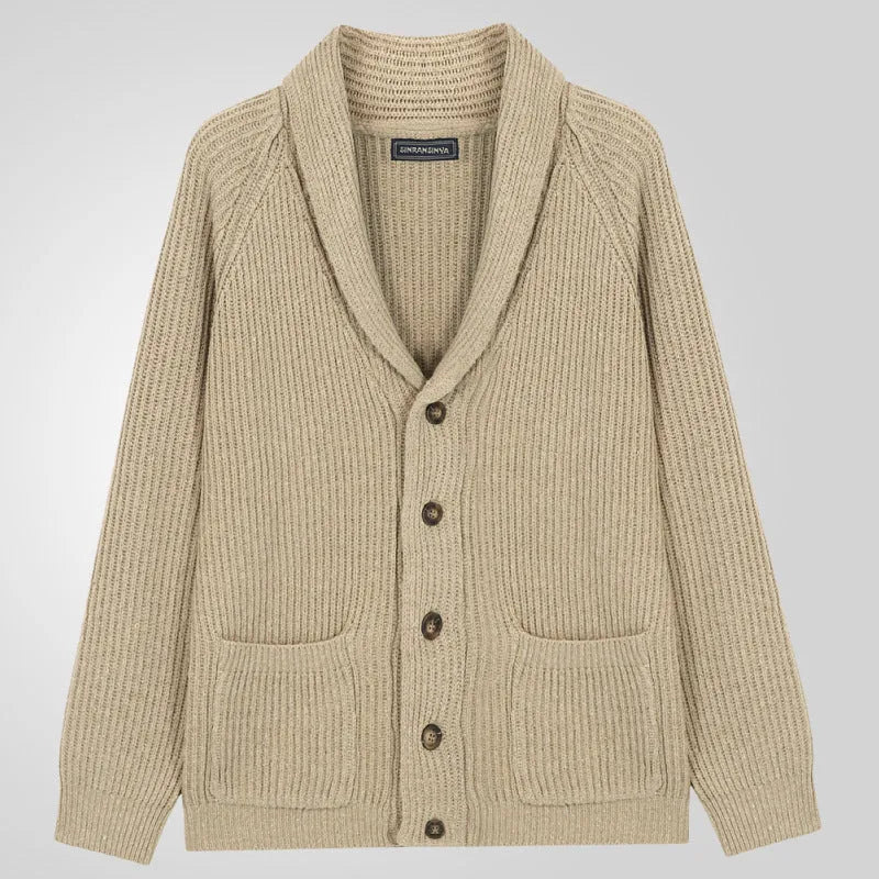 Men's khaki lapel knitting cardigan with front pockets and button closure on a plain background