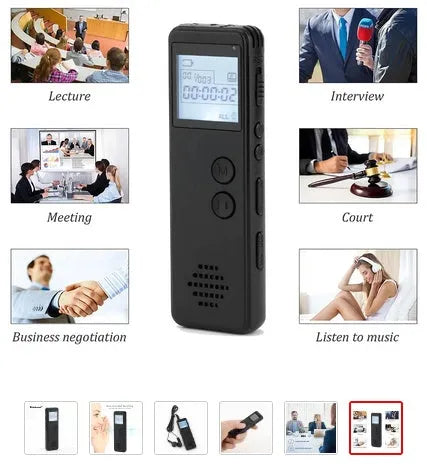 Black matte finish digital voice recorder with a small backlit screen, showing recording time and memory capacity.