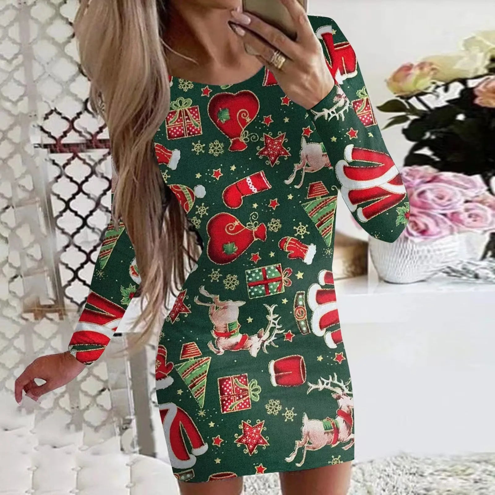 Women's tight-fitting Christmas dress with floral print, round neck, long sleeves, and short hip skirt.