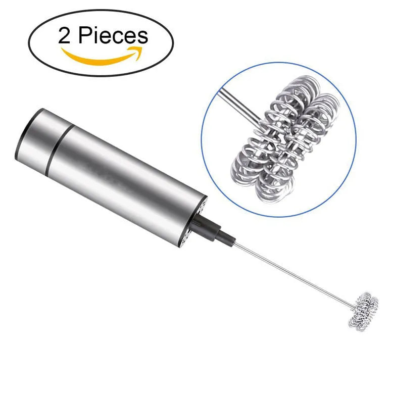 Silver electric milk frother handheld whisk with double stainless steel head on white background