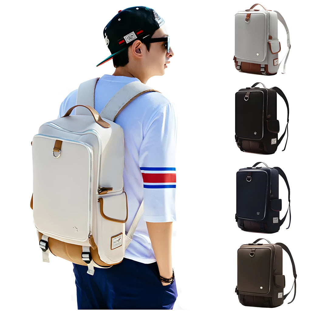 Men's modern Oxford fabric backpack in army green, showing front pockets and padded straps.