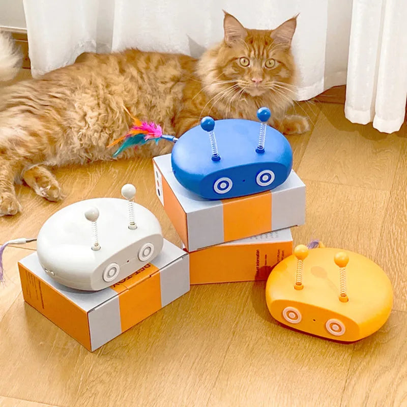 USB rechargeable electric laser cat toy with detachable feather wand in blue, grey, or yellow.
