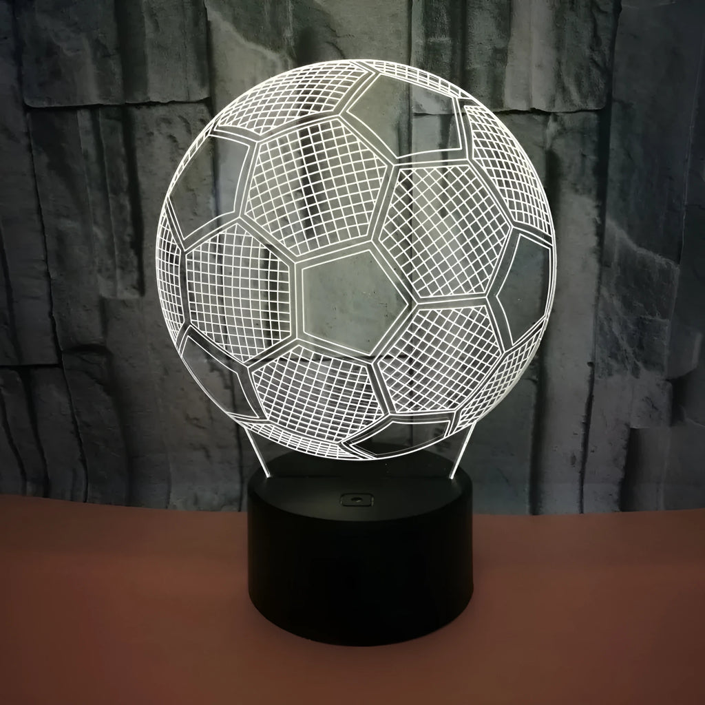 3D football night light showing colour-changing acrylic sheet on black ABS base.