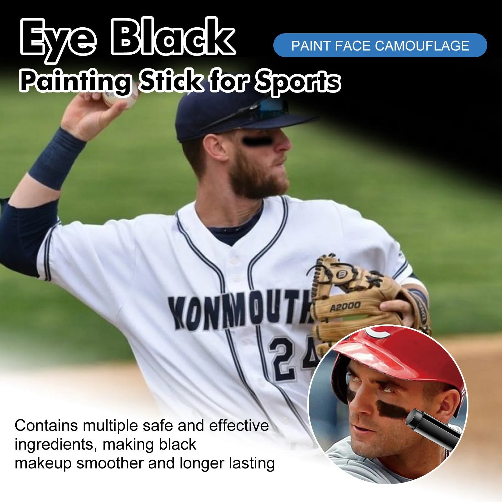 Sports eye black paint stick for baseball athletes with sweat-proof formula in 15g packaging