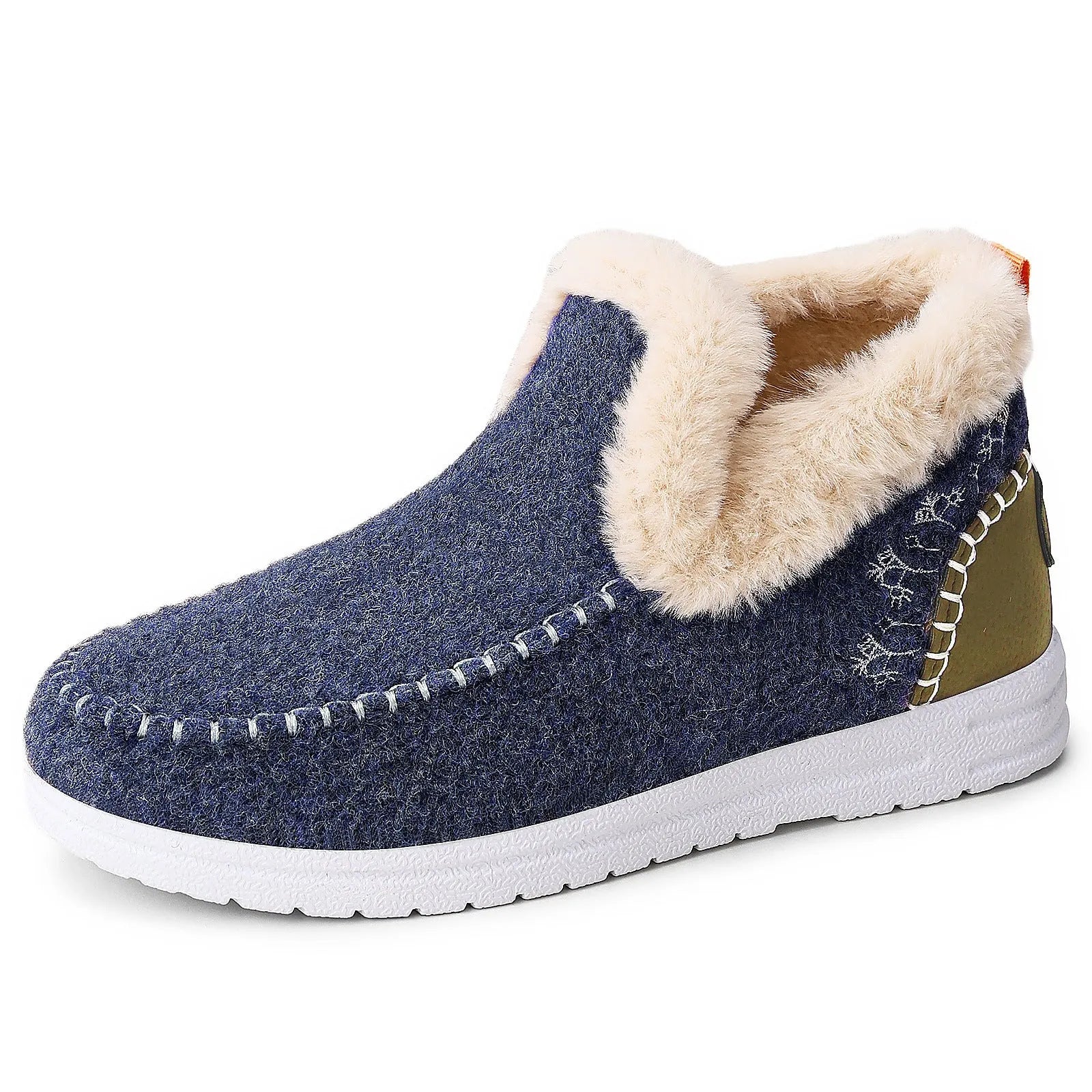 Cold-proof women's cotton boots, flat heel, round toe, available in black, blue, brown, grey, apricot, and rose red.
