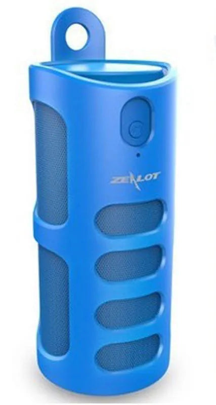 Portable Bluetooth speaker in black, blue, or red with dimensions 72x72x170 mm