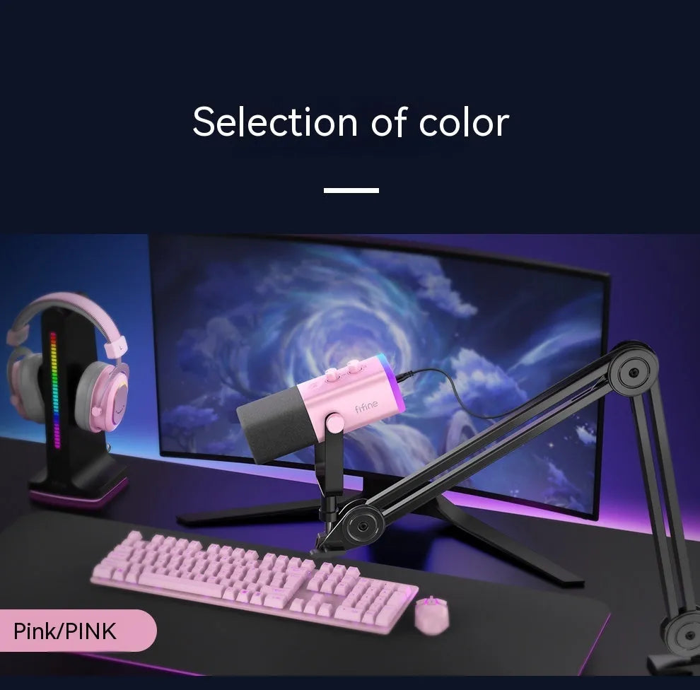 Dynamic noise reduction microphone in black, pink, or white colour with matching cable and base.