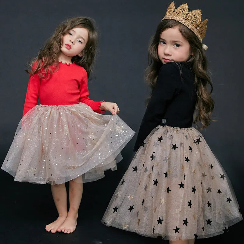 Red Christmas dress for girls with embroidered star pattern and lace detailing