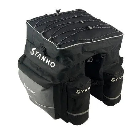 Black mountain bike bag with rain cover on rear rack, 43 litre capacity, 600D nylon