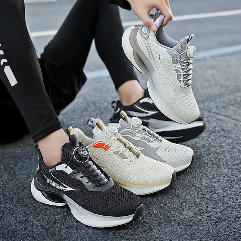 Korean style men's running shoes with rotating buckle in beige colour showing mesh upper details