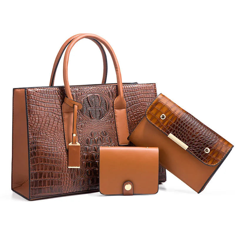 Women's three-piece PU leather handbag set with crocodile pattern in horizontal square design