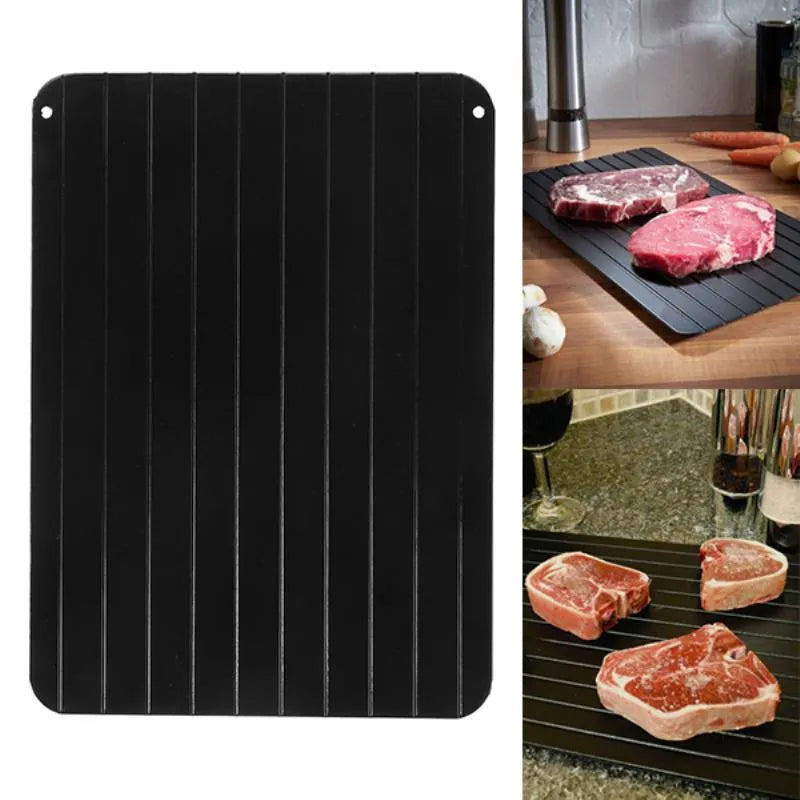 Black aluminium defrosting tray for thawing frozen meat without microwave
