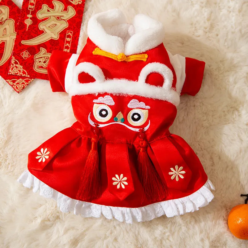 Lion Dance pet Tang suit cotton-padded red top with embroidery and festive tassels for dogs