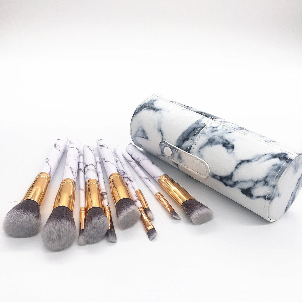 Marble pattern makeup brush set with 10 brushes and matching brush bag