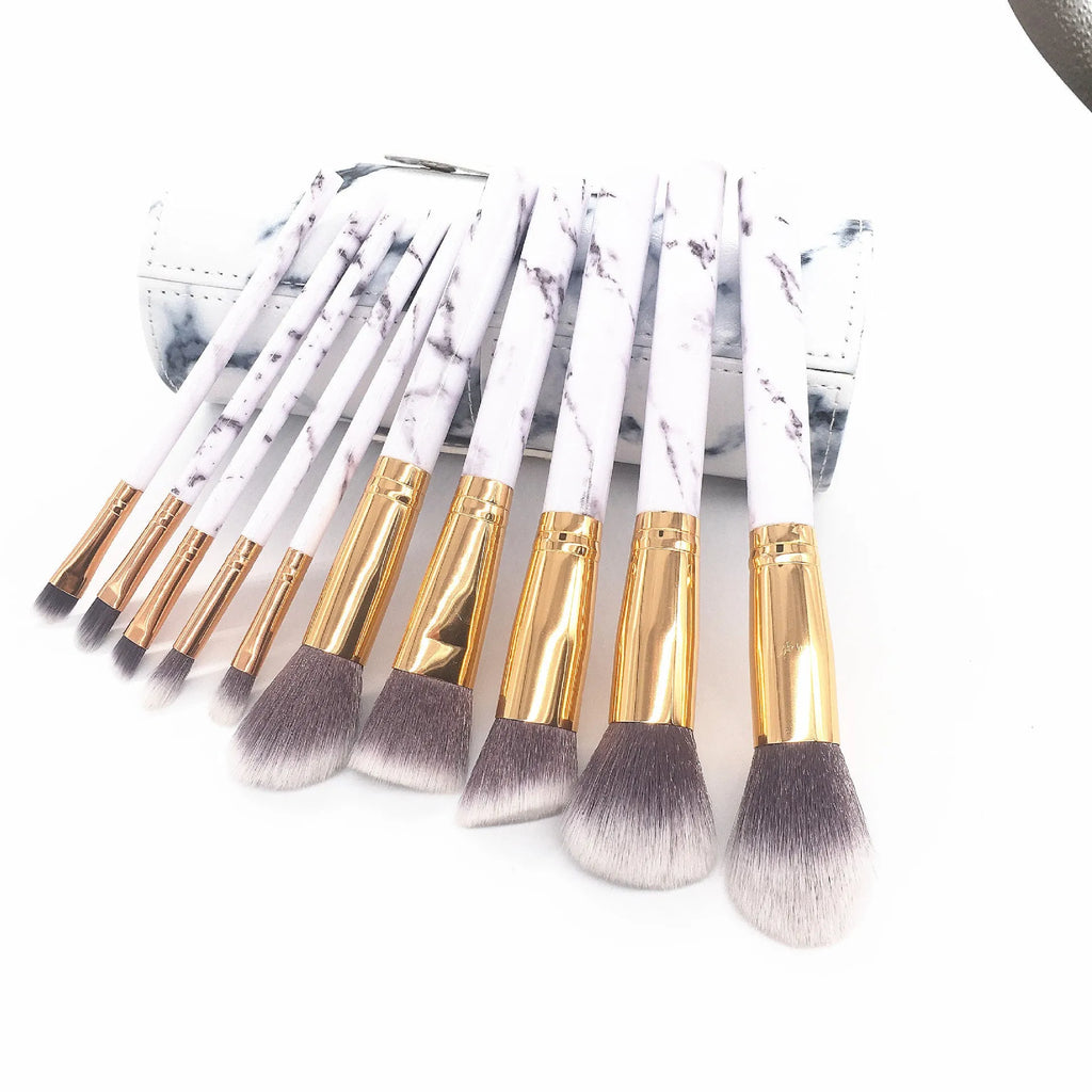 Marble pattern makeup brush set with 10 brushes and matching brush bag