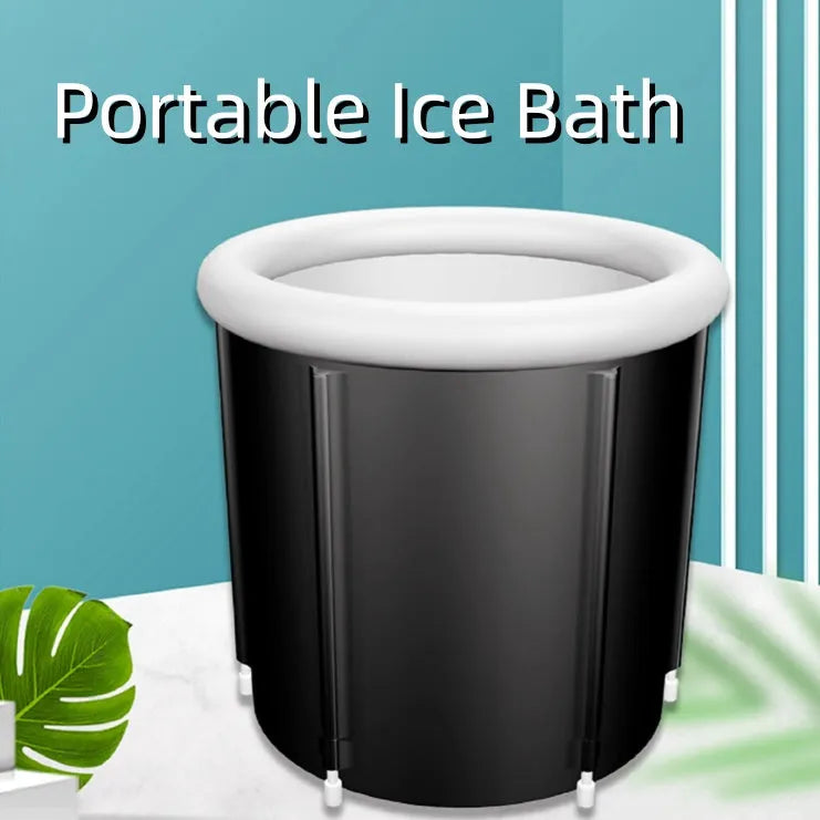 Black portable inflatable ice bath measuring 70x80cm with weather lid and accessories
