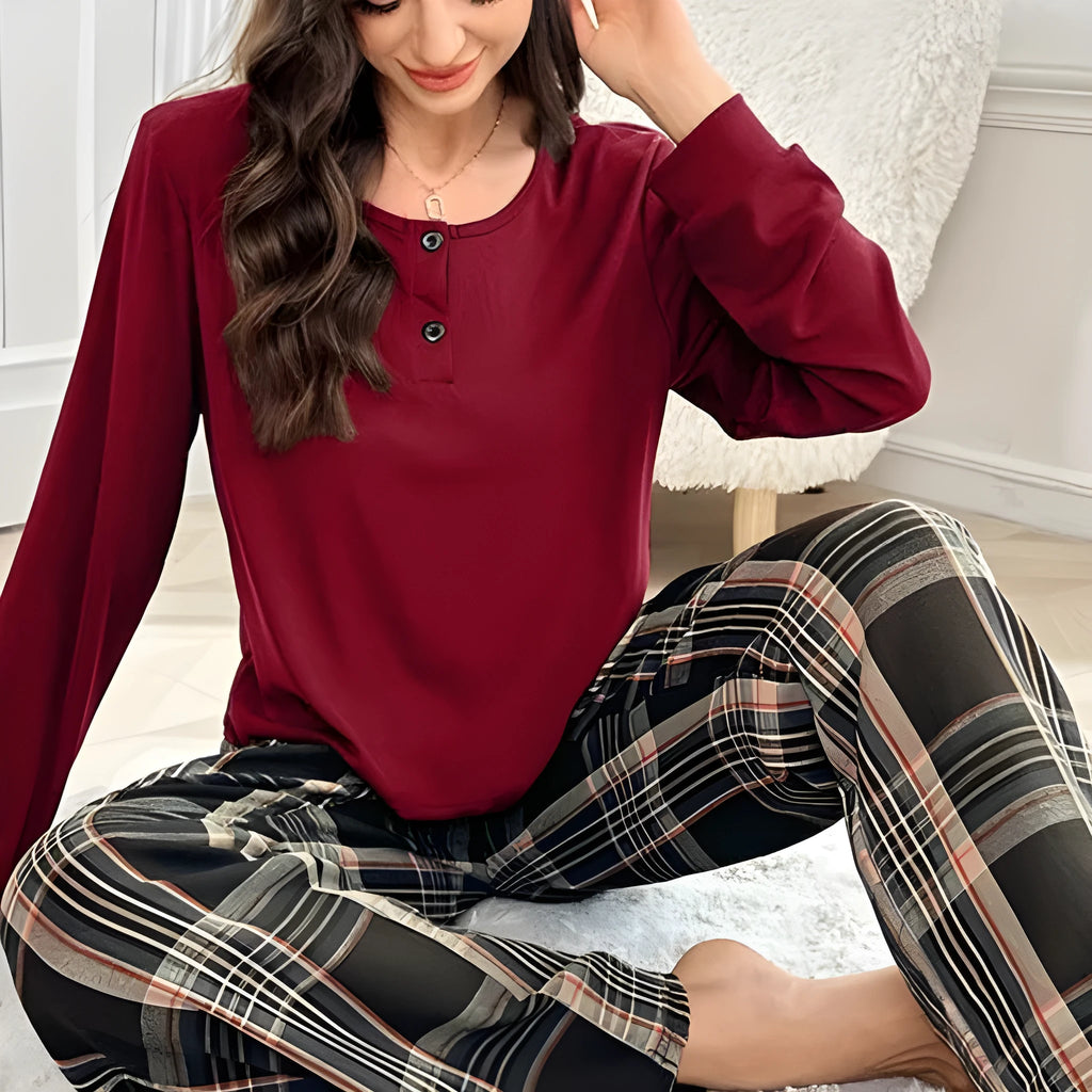 Women's plaid button pullover top and matching pants set in milk silk fabric, brown colour