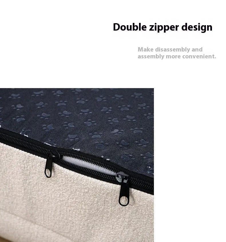Beige rectangular cloth dog bed nest with raised sides, shown in medium size on a wooden floor.