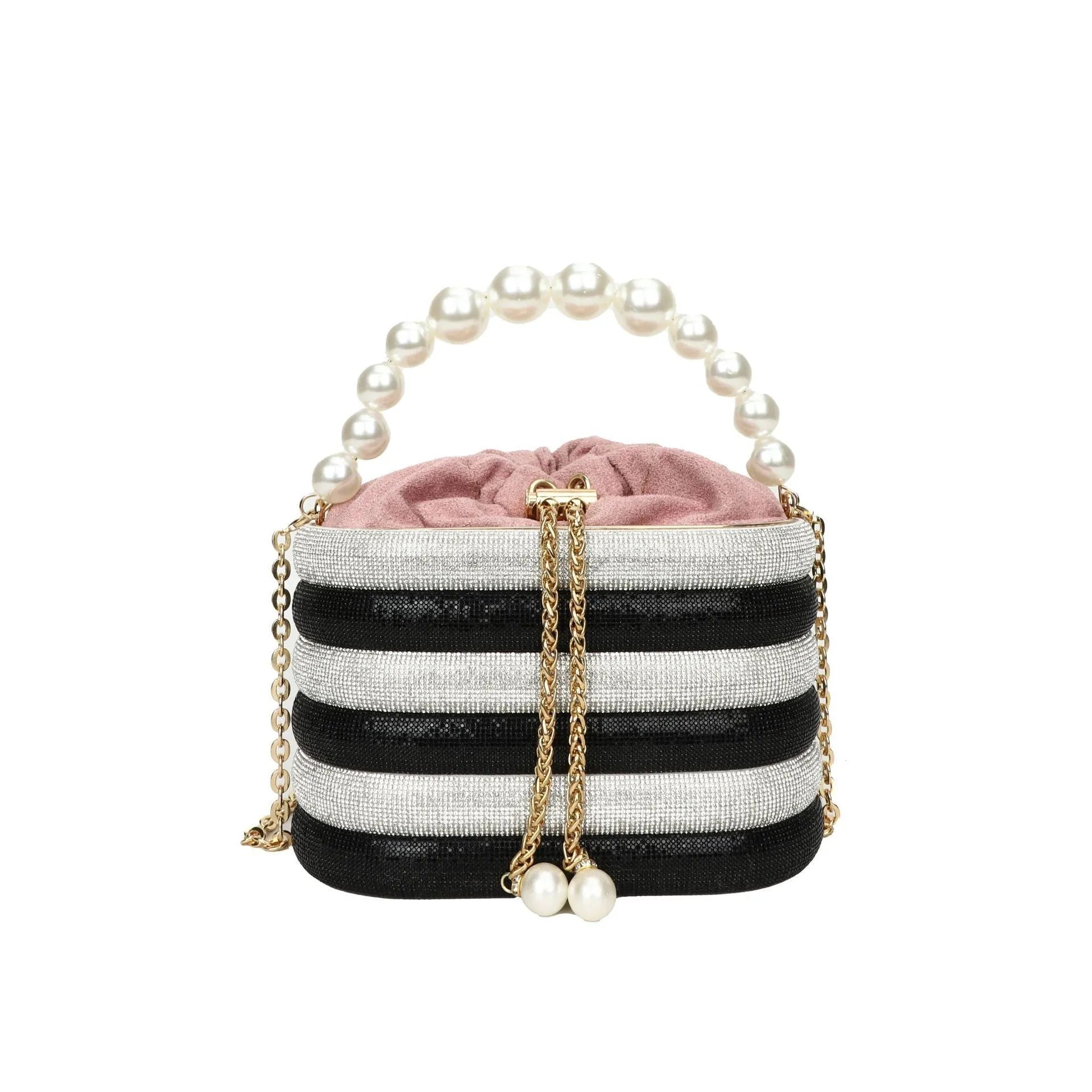 Women's round retro crossbody bag with pearl beading in soft PU material, shown in multiple colours.