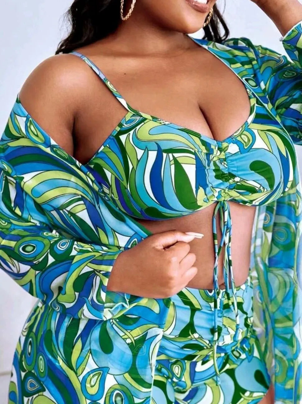 Women's floral print swimsuit three-piece set showing bra, shorts, and matching cardigan