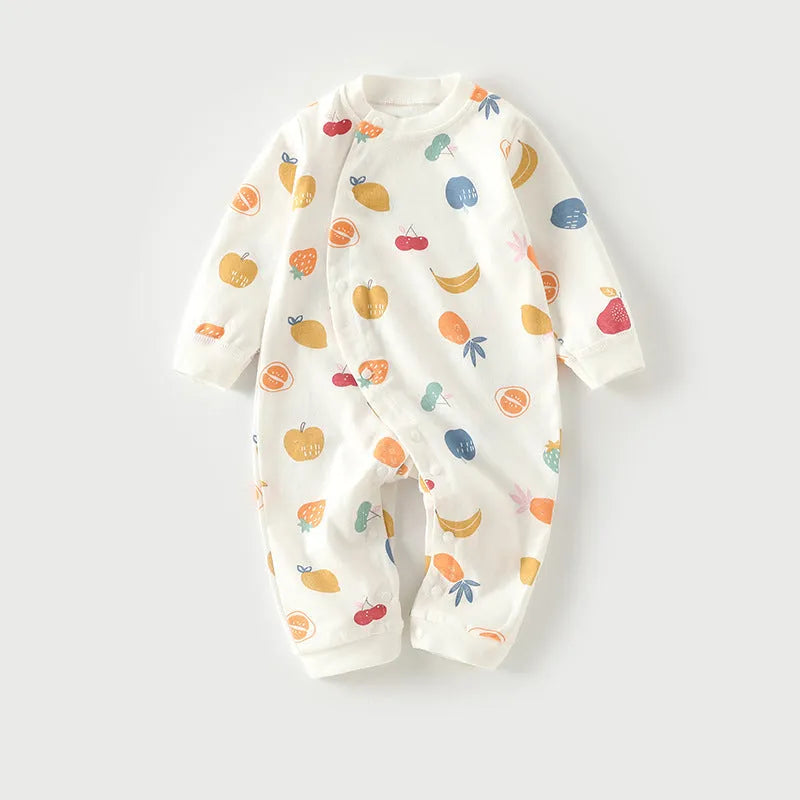 Cotton baby long climb pajamas in a colourful print, shown laid flat, suitable for spring and autumn.