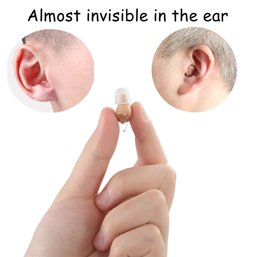Mini completely-in-the-canal T23 hearing aid unit with selection of ear dome sizes.