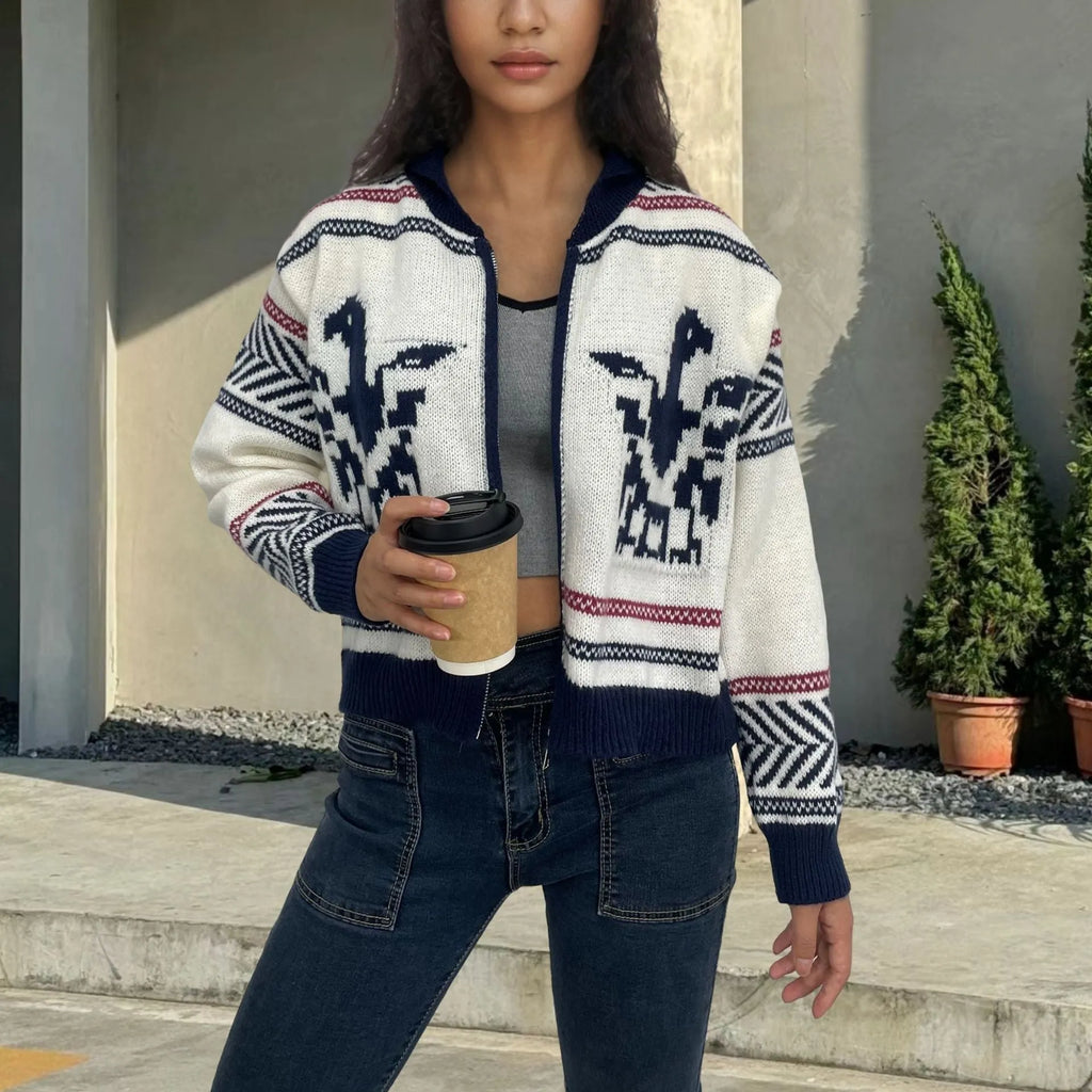 White women's zip-front cardigan with a lapel collar and jacquard knit pattern.