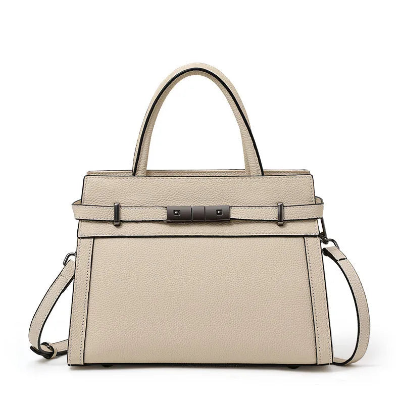 Women's horizontal square genuine leather crossbody bag with visible stitching, shown in multiple colour options.