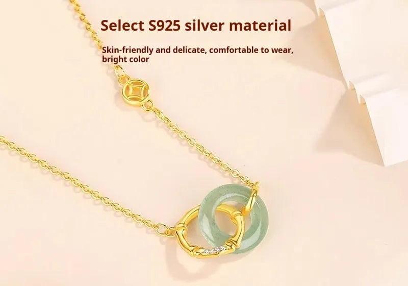 Sterling silver necklace with bamboo peace buckle geometric pendant on adjustable chain