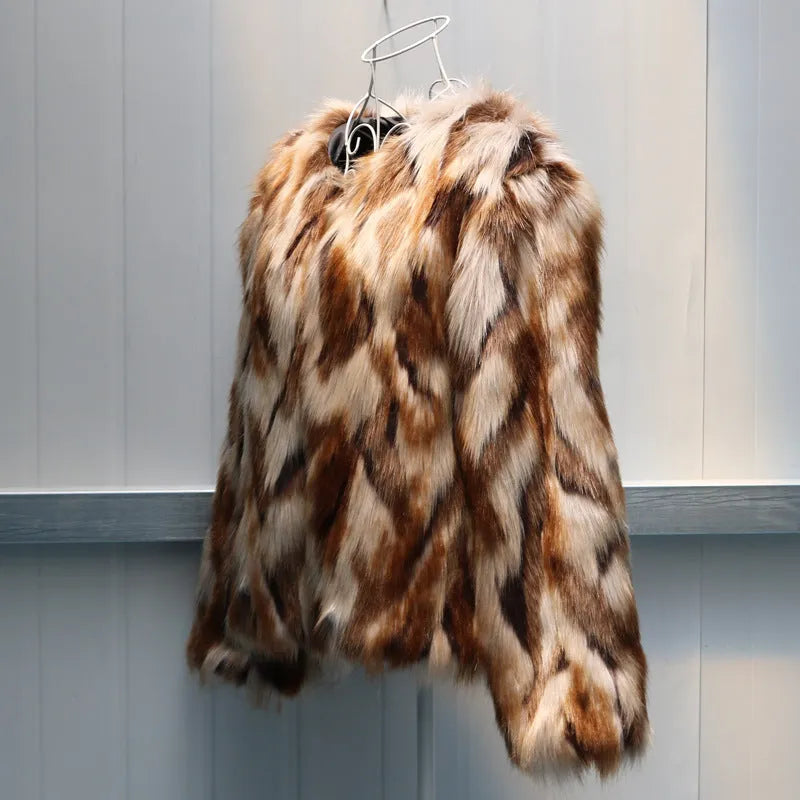 Korean slim-fit women's faux fur coat in picture colour, shown at hip length.