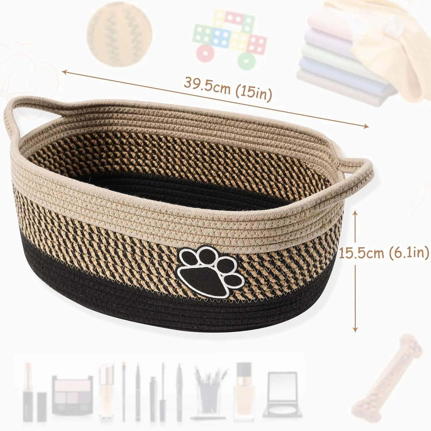 Handwoven light beige cotton rope storage basket with a wooden handle on a table.