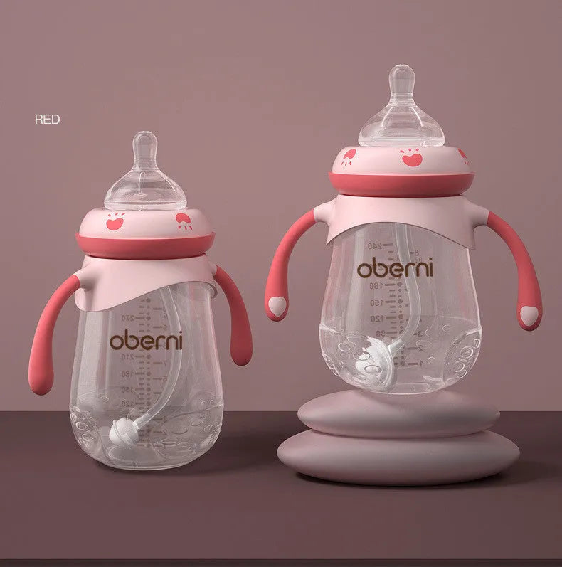 Wide caliber anti-colic baby bottle with handle in gourd shape design