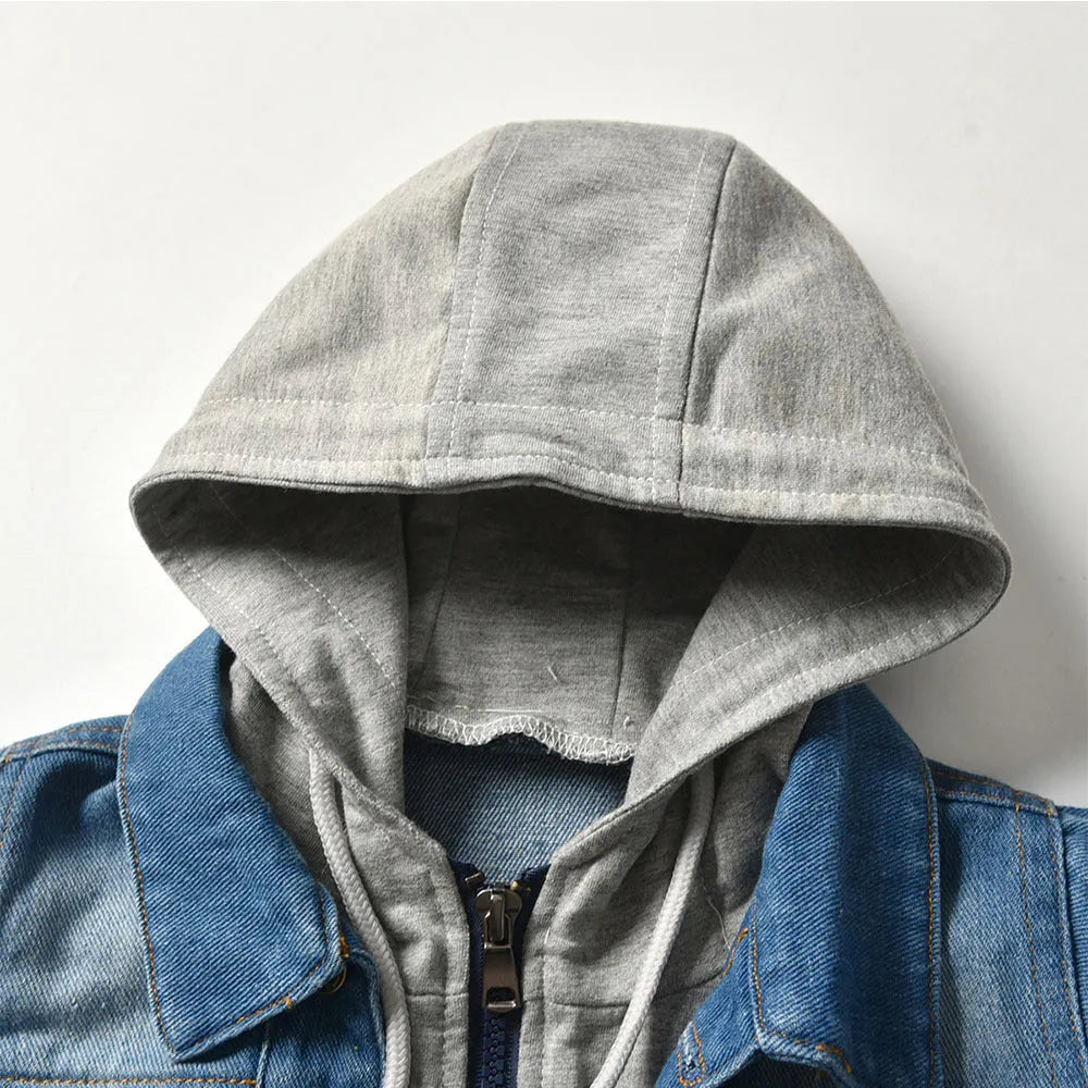 Children's black hooded casual jacket with fake two-piece denim styling and lapel collar