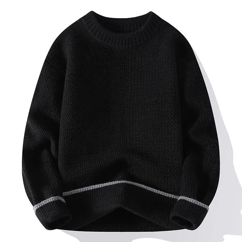 A grey men's loose round-neck pullover sweater with long sleeves on a hanger.