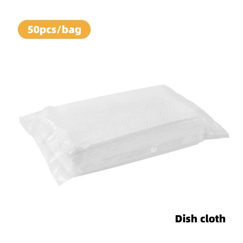 Disposable Magic Cleaning Brush with plastic handle and a pack of 50 white non-woven replacement rags.