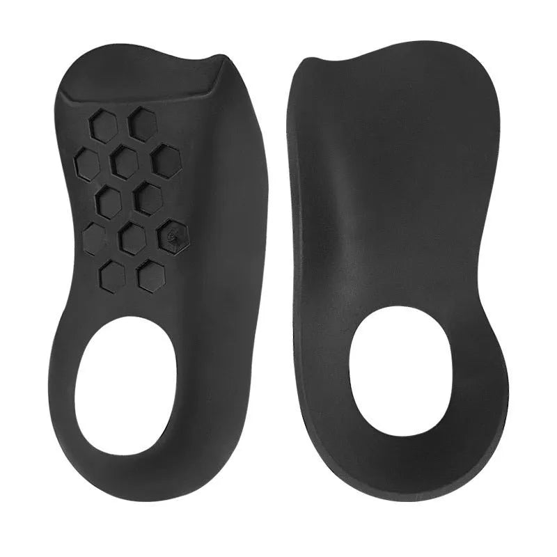 White, black, and skin colour arch support insoles for varus correction, showing TPR material and S/L arch sizes.