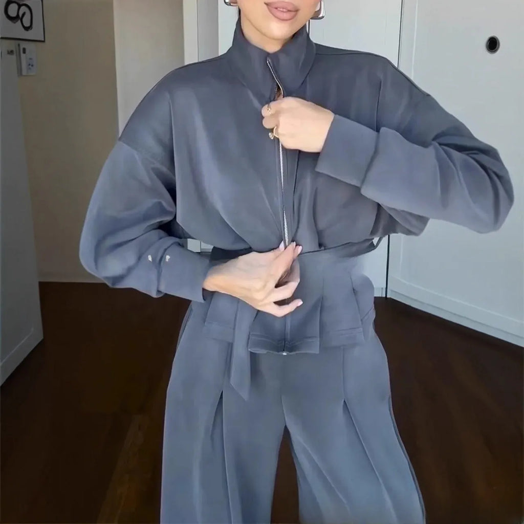 Women's casual suit set with stand collar zipper jacket and pants in navy blue, polyester fabric, belted waist
