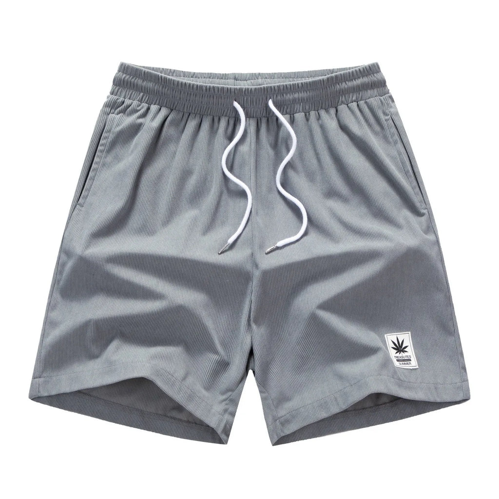 Man's pair of grey straight-leg summer shorts with a drawstring elastic waistband.