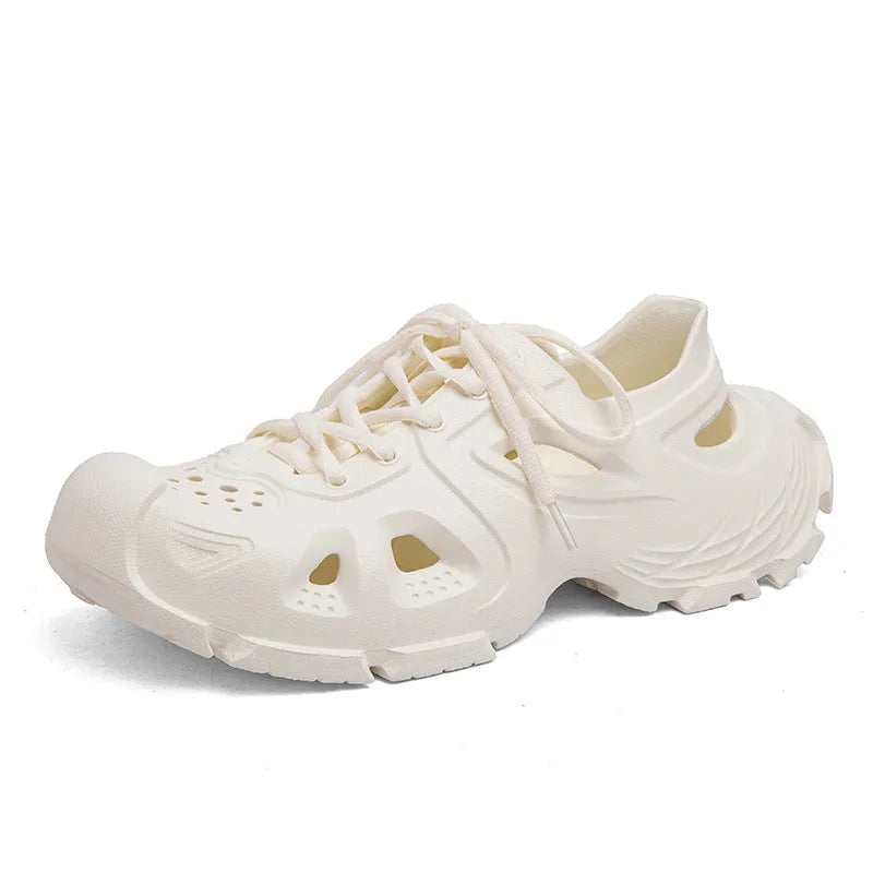 Men's black lace-up sports sandals with EVA sole and round toe on a neutral background.