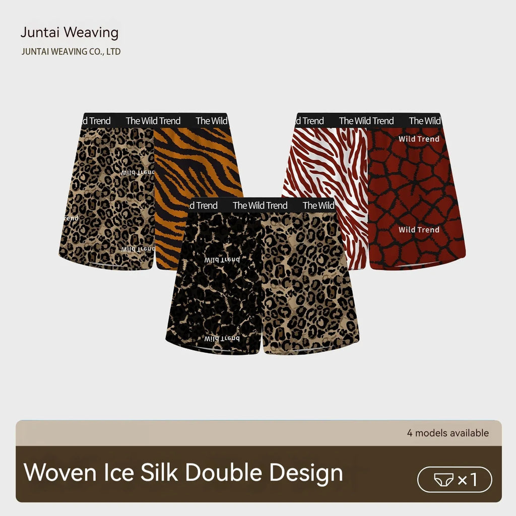 Leopard print men's casual woven shorts on a mid-waist, showing the quick-dry ice silk fabric texture.