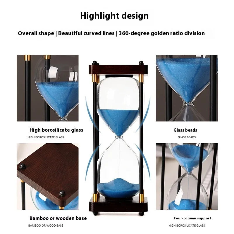 Wooden hourglass timer with solid wood frame and coloured sand on a desk