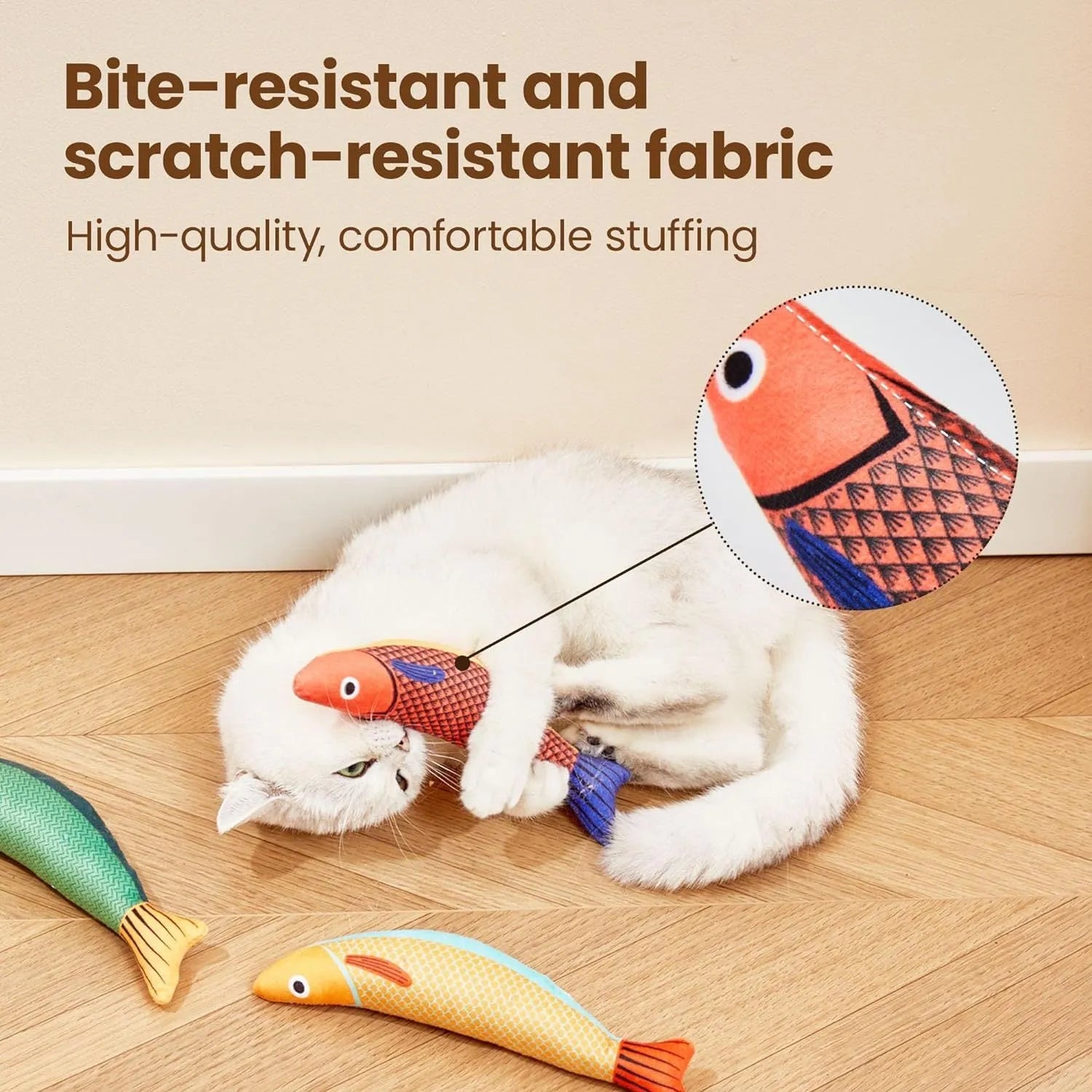 Soft plush saury fish cat toy with catnip filling and crinkle sounds in green colour