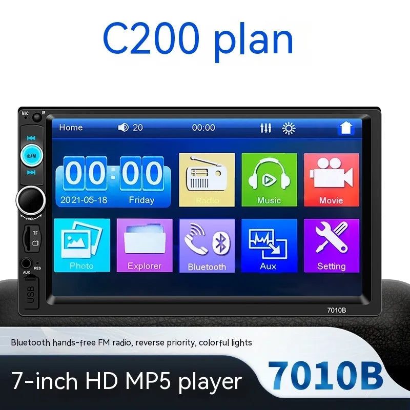 7-inch HD Bluetooth car multimedia player on a dashboard showing connectivity options.