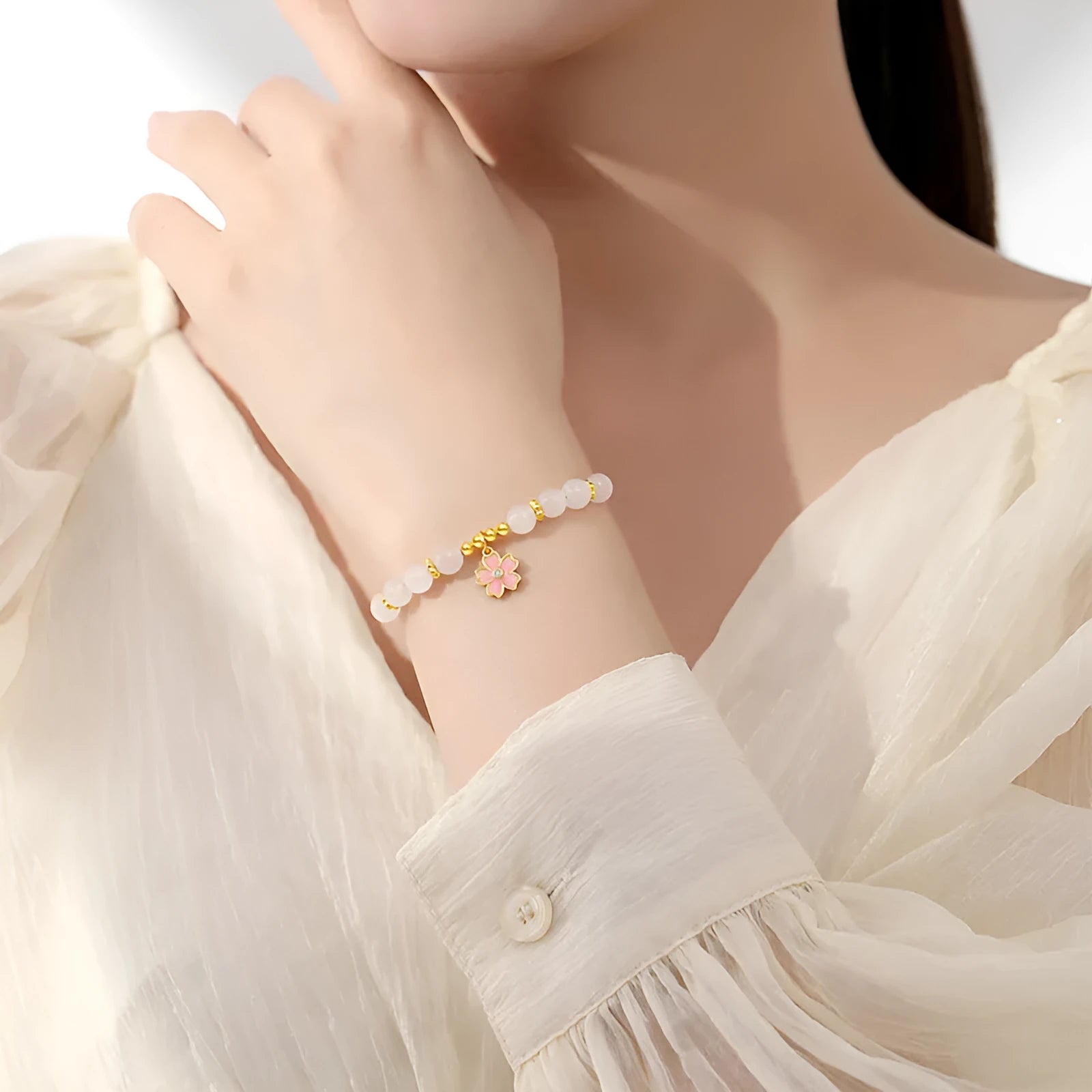 Women's pink bracelet with S925 silver cherry blossom pendant and Hetian jade beads